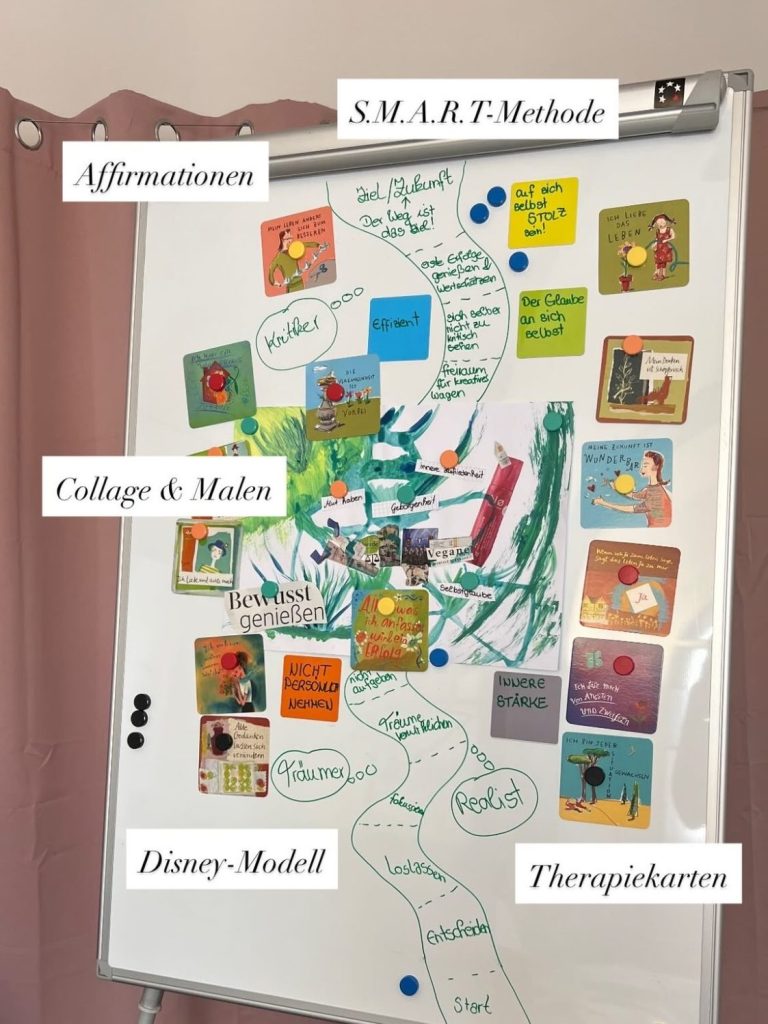 Menschen sitzen im Freien und nehmen an einem Workshop zur Farbgebung teil.